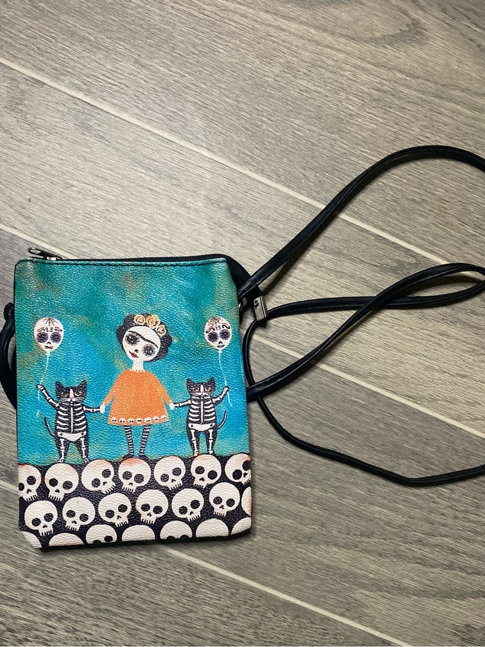 Teal Day of the Dead Crossbody Bag with Orange Dress Artwork